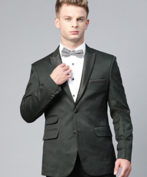 Men Green Twill Weave Slim Fit Solid Tuxedo Blazer With Pocket Square