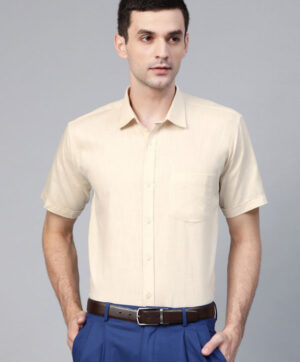 Men Cream-Coloured Semi-Slim Fit Solid Formal Shirt