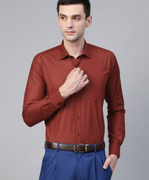 Men Rust Red Regular Fit Solid Formal Shirt