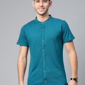 Men Teal Blue Knitted Slim Fit Solid Casual Shirt