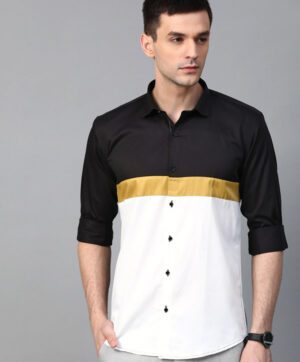 Men Black & White Slim Fit Colourblocked Casual Shirt