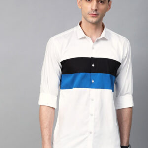 Men White & Blue Slim Fit Striped Casual Shirt