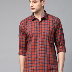 Men Rust Red & Navy Blue Giza Cotton Semi-Slim Fit Checked Smart Casual Shirt