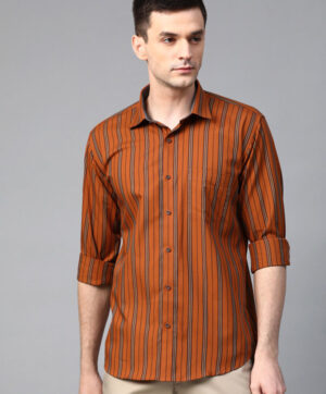 Men Rust Orange & Brown Slim Fit Striped Smart Casual Shirt