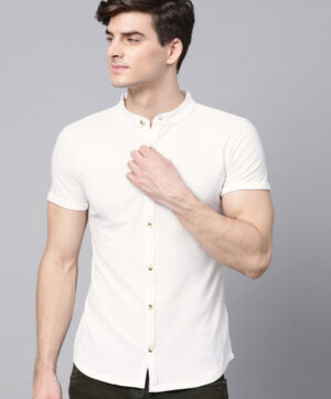 Men White Slim Fit Solid Knitted Casual Shirt