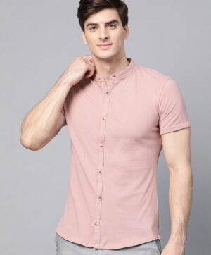Men Dusty Pink Slim Fit Solid Knitted Casual Shirt
