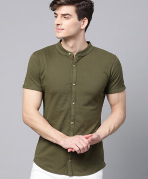 Men Olive Green Slim Fit Solid Knitted Casual Shirt