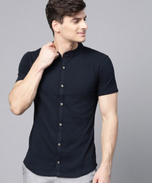 Men Navy Blue Slim Fit Solid Knitted Casual Shirt