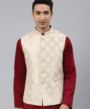 Men White Woven Jaquard Silk Nehru Jacket