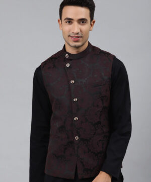Men Maroon Woven Jaquard Silk Nehru Jacket