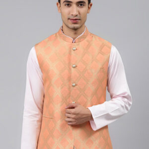 Men Peach Woven Jaquard Silk Nehru Jacket