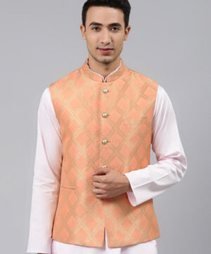 Men Peach Woven Jaquard Silk Nehru Jacket