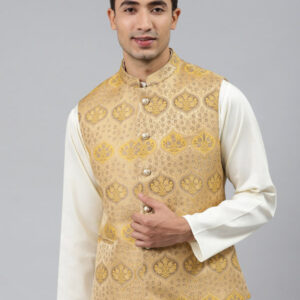 Men Gold Toned Woven Jaquard Silk Nehru Jacket