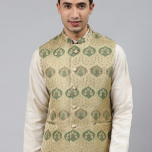 Men Green Woven Jaquard Silk Nehru Jacket