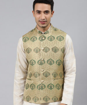 Men Green Woven Jaquard Silk Nehru Jacket