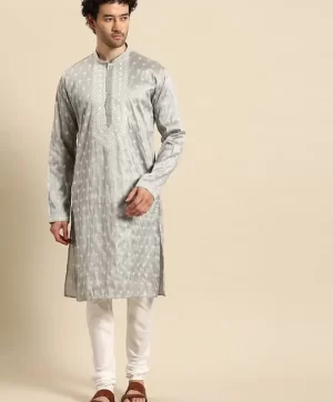 Men Grey Ethnic Motifs Yoke Design Regular Kurta with Churidar