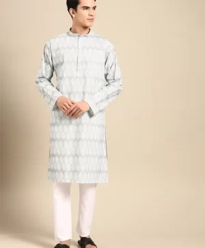 Men Grey Floral Printed Regular Pure Cotton Kurta with Pyjamas