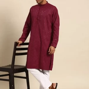 Men Maroon Regular Sequinned Kurta with Pyjamas