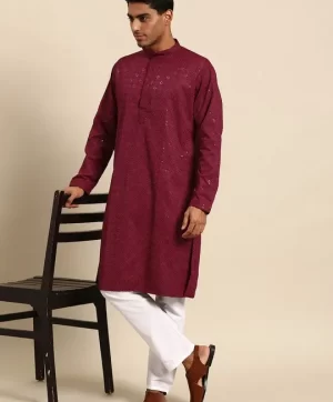 Men Maroon Regular Sequinned Kurta with Pyjamas