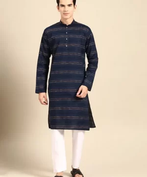 Men Striped Thread Work Cotton Kurta