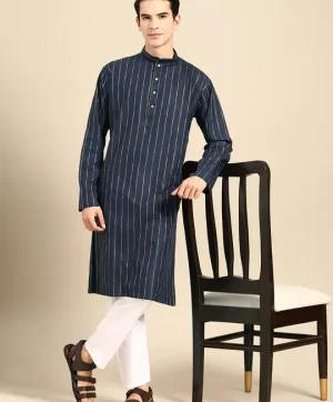 Men Striped Regular Pure Cotton Kurta with Pyjamas