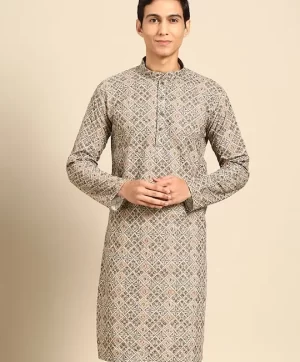 Ethnic Motifs Embroidered Mandarin Collar Sequined Cotton Straight Kurta