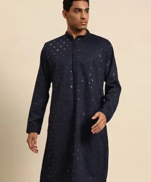 Geometric Embroidered Mandarin Collar Sequin Straight Kurta