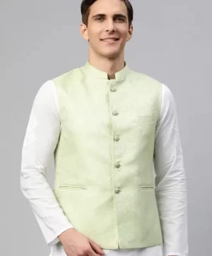 Green & White Ethnic Motifs Jaquard Woven Design Nehru Jacket