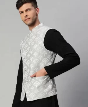 Men Grey & White Woven Design Nehru Jacket