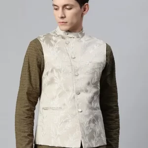 Men Beige Ethnic Motifs Jaquard Woven Design Nehru Jacket