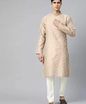 Men Beige Geometric Printed Chanderi Silk Kurta