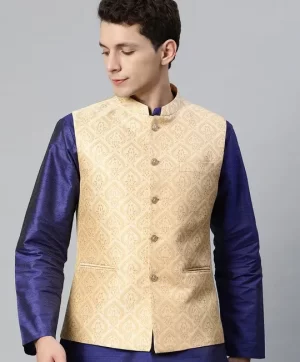 Men Beige & Silver Ethnic Motifs Jaquard Woven Design Nehru jacket