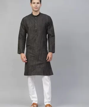 Men Black Mandarin Collar Striped Straight Kurta