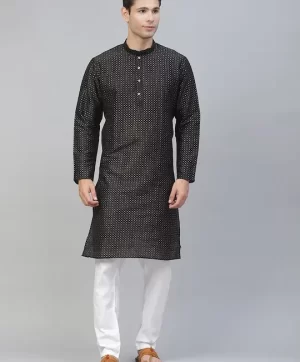 Men Black & White Geometric Thread Work Kurta