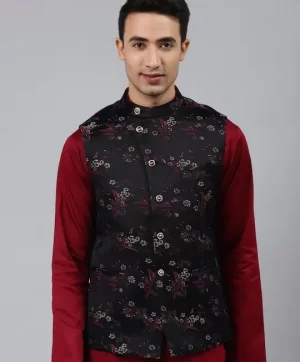 Men Black Woven Jaquard Silk Nehru Jacket