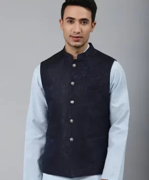 Men Blue Woven Jaquard Silk Nehru Jacket