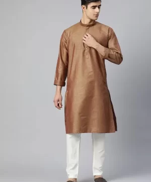 Men Brown Geometric Mandarin Collar Straight Cotton Kurta