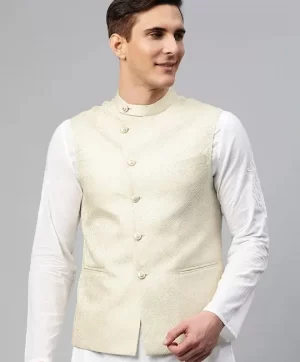 Men Cream-Coloured Ethnic Motifs Jaquard Woven Design Nehru Jacket