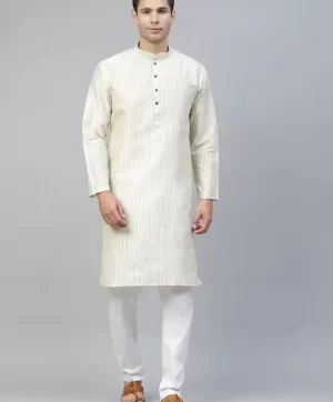 Men Cream-Coloured Mandarin Collar Striped Straight Kurta