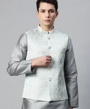 Men Green Ethnic Motifs Jaquard Woven Design Nehru Jacket