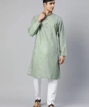 Men Green Flared Sleeves Thread Work Kurta