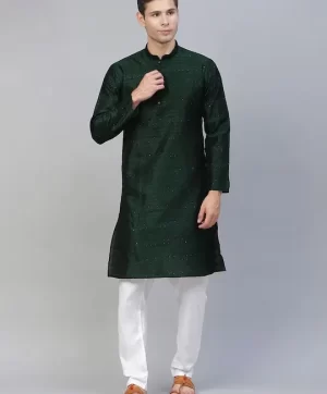 Men Green Woven Design Straight Kurta