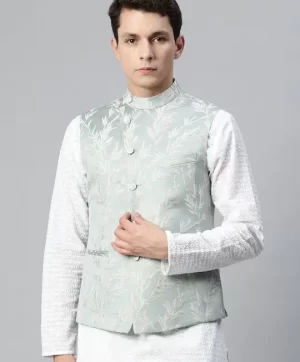 Men Green & Silver Ethnic Motifs Jaquard Woven Design Nehru Jacket