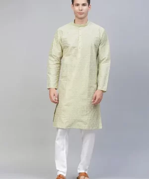 Men Green & White Ethnic Motifs Woven Design Kurta with Pyjamas