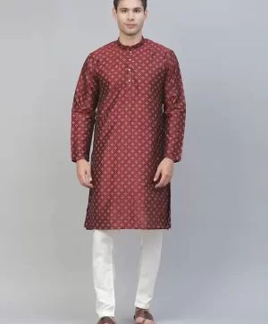 Men Maroon Ethnic Motifs Printed Kurta with Pyjamas