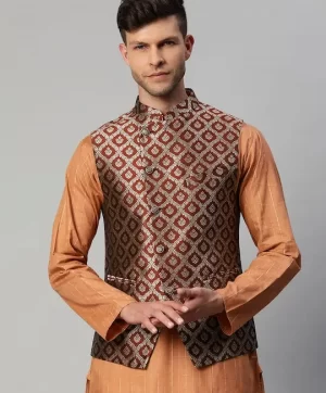 Men Maroon & Golden Woven Design Nehru Jacket