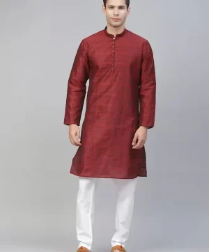 Men Maroon Sequinned Kurta with Churidar