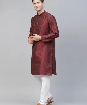 Men Maroon Striped Kurta with Pyjamas