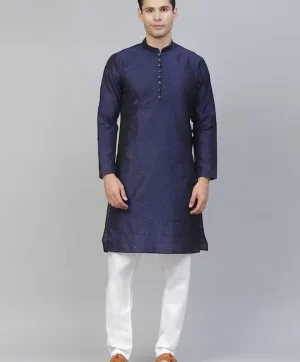 Men Navy Blue Woven Design Kurta