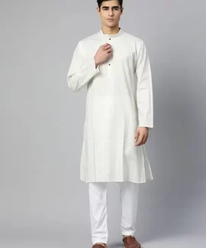 Men Off White Checked Pure Cotton Kurta with Pyjamas